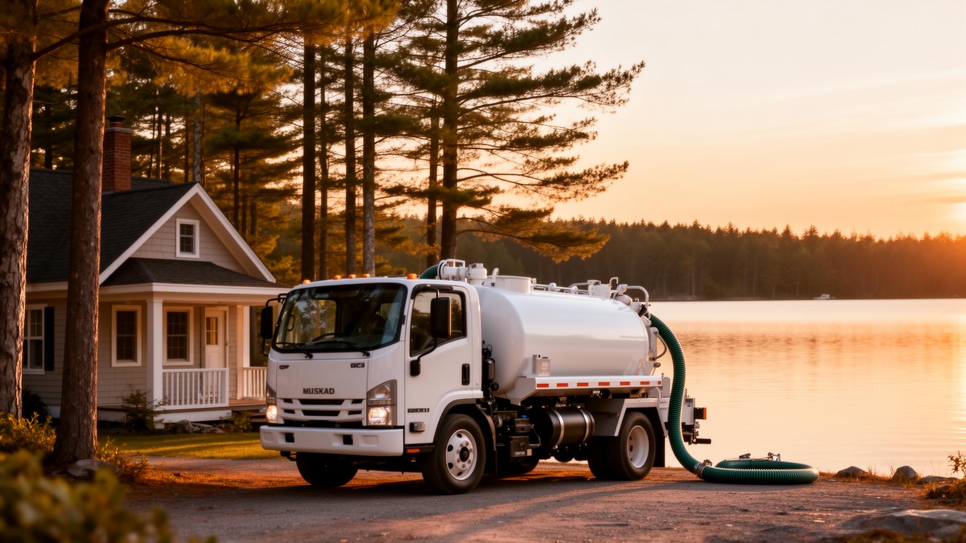 Septic pumping truck servicing a Muskoka lakeside cottage